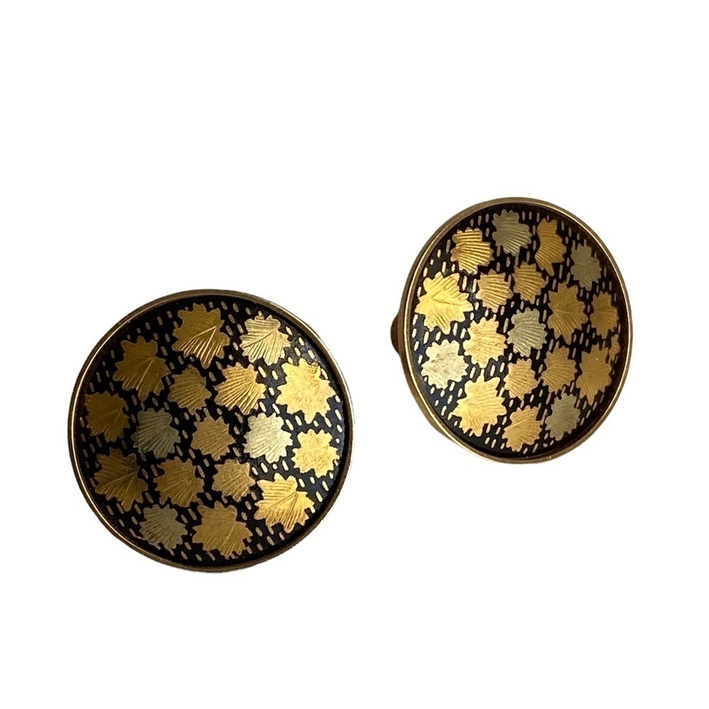 Vintage Damascene Earrings Gold Tone Floral Leaf Screw Back Clip-On 60s 70s